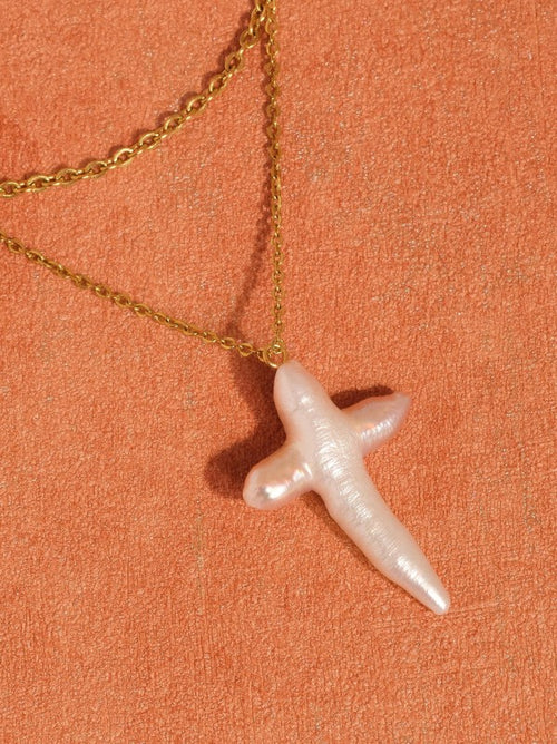 18K GOLD PLATED Non Tarnish Pearl Cross Necklace