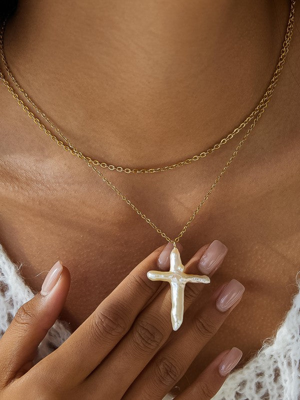 18K GOLD PLATED Non Tarnish Pearl Cross Necklace