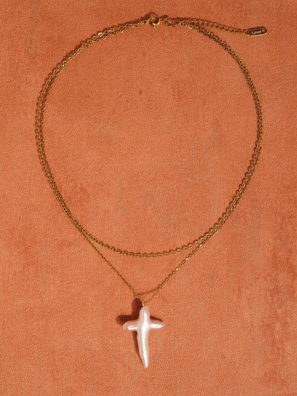 18K GOLD PLATED Non Tarnish Pearl Cross Necklace