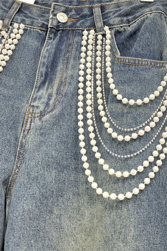 Pearl Embellished Barrel Denim
