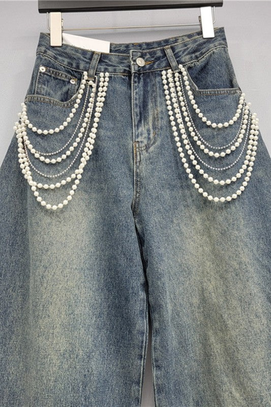 Pearl Embellished Barrel Denim