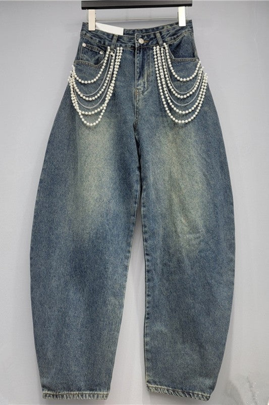 Pearl Embellished Barrel Denim